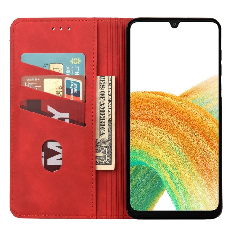 Red splicing leather phone case for Samsung Galaxy A05s, featuring a wallet design with card slot and stand functionality.